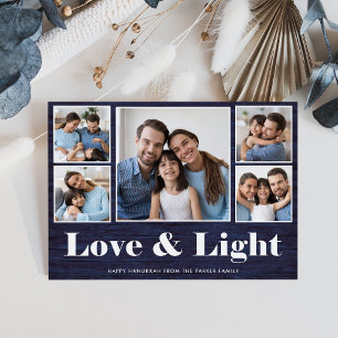Liebe und Licht  Hanukkah Blue Rustic Foto Grid Feiertagskarte