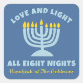 "Liebe und Licht" Jüdische acht Nächte in Hanukkah Quadratischer Aufkleber (Vorderseite)