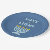 "Liebe und Licht" jüdische Menorah Blue Hanukkah Pappteller (Schrägansicht)