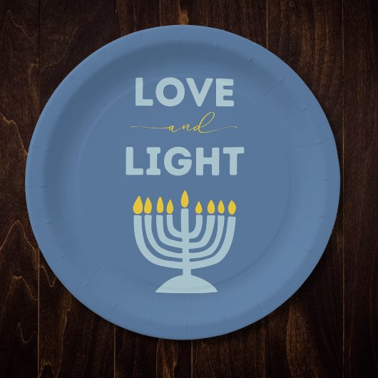"Liebe und Licht" jüdische Menorah Blue Hanukkah Pappteller