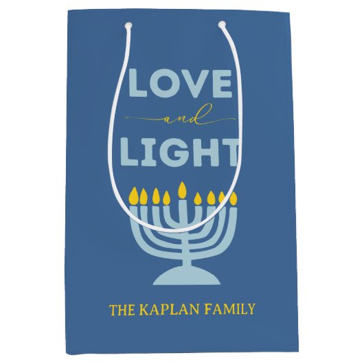 "Liebe und Licht" Menorah Personalisiert Hanukkah Mittlere Geschenktüte (Vorderseite)