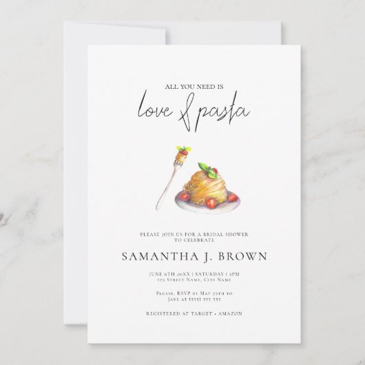 Liebe und Pasta Watercolor Italienisches Brautpart Einladung (Vorderseite)