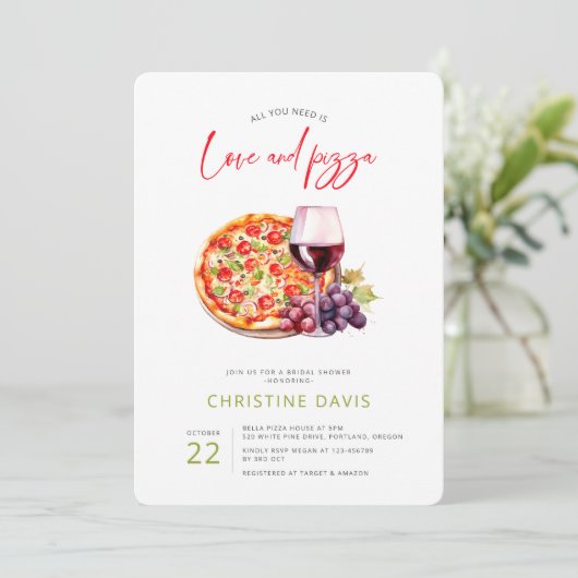Liebe und Pizza Brautparty Einladung (Stehend Vorderseite)