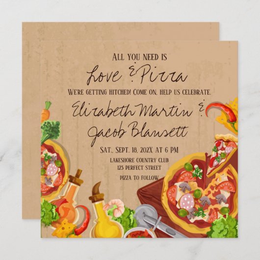 Liebe und Pizza Hochzeit Einladung (Vorne/Hinten)