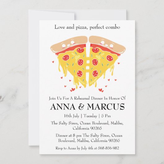Liebe und Pizza Spaß Probe Einladungen (Vorderseite)