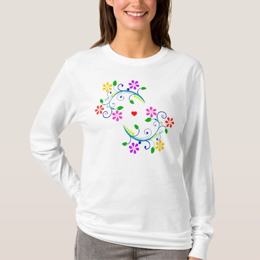 Liebe und Regenbogen-Farbige Blumen-Weiß-Spitze T-Shirt (Vorderseite)
