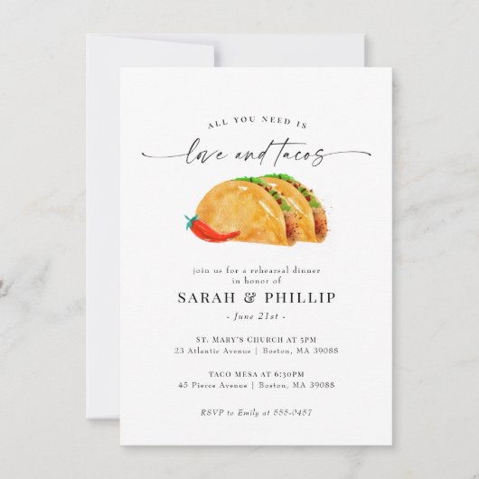 Liebe und Tacos Probe Abendessen Einladung (Vorderseite)