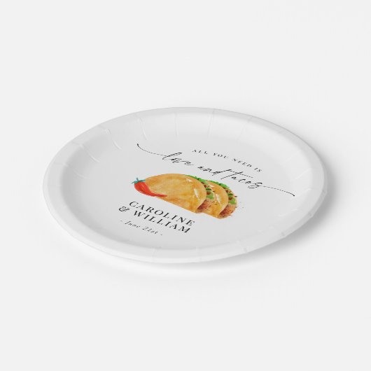 Liebe und Tacos Probe Dinner Pappteller (Schrägansicht)