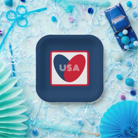 Liebe USA Patriotic Red Blue Simple Heart Pappteller (Party)
