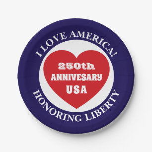 Liebe USA Patriotisches Rot Weiß Blau Herz 250. Pappteller