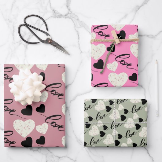 Liebe Valentinins Herz schwarz und rosa Geschenkpapier Set (Vorderseite)