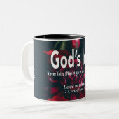 LIEBE VERSAGE NIE | 1 Cor 13:8 | PERSONALISIERT Zweifarbige Tasse (Vorderseite Links)