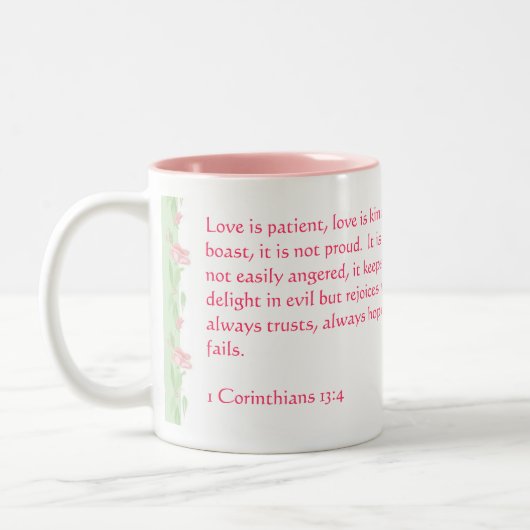 Liebe versagt nie - 1 Korinther-13:4 Zweifarbige Tasse (Links)