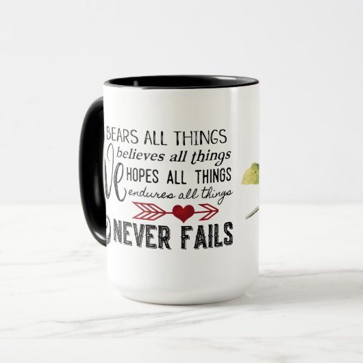 Liebe versagt nie Kardinal 15 Unze. Tasse (Vorderseite Links)