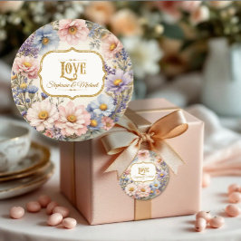 LIEBE Vintage Blumentypografie Rosa Blau und Gold Runder Aufkleber