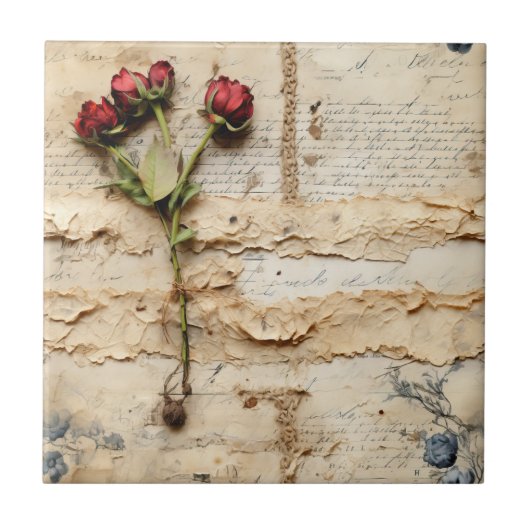 Liebe Vintager Dokumente mit Blume (2) Fliese (Vorderseite)