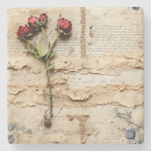 Liebe Vintager Dokumente mit Blume (2) Steinuntersetzer (Vorderseite)