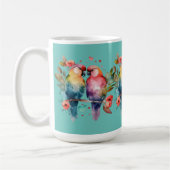 Liebe Vögel auf dem Zweig umgeben von Herzen. Kaffeetasse (Links)