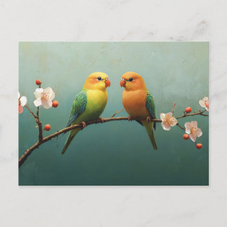 Liebe Vögel auf einem rosa blühenden Zweig Postkarte