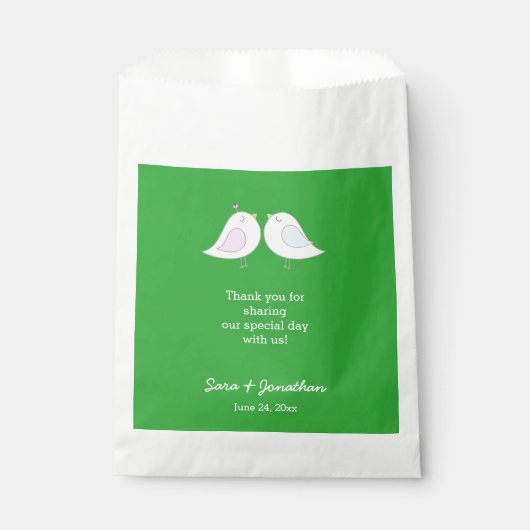 Liebe Vögel auf grüner Hochzeit Danke Geschenktütchen (Vorderseite)