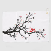 Liebe Vögel auf Zweig - Romantische Kunst des Rote Golfhandtuch (Horizontal)