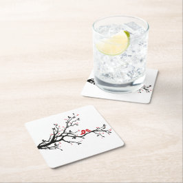 Liebe Vögel auf Zweig - Romantische Kunst des Rote Rechteckiger Pappuntersetzer