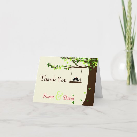 Liebe-Vogel-danken fallender Herz-Eichen-Baum Dankeskarte (Vorderseite)