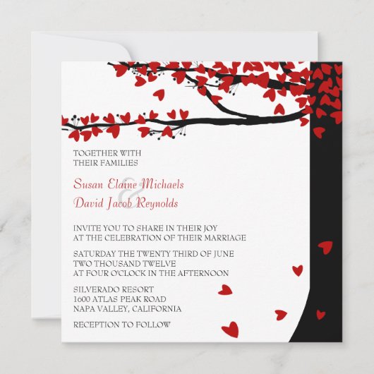 Liebe-Vogel-fallender Herz-roter Färbereiche-Baum Einladung (Vorderseite)