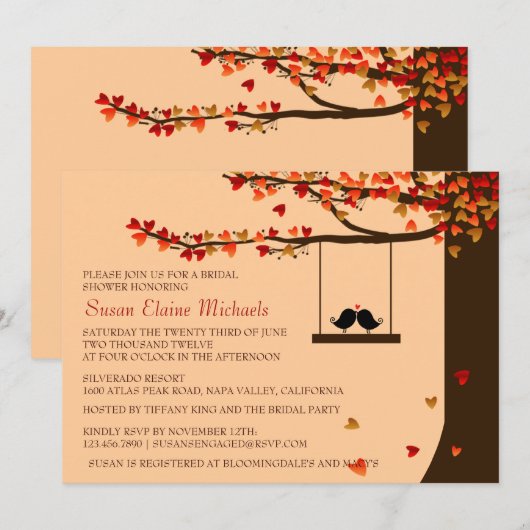 Liebe-Vogel-fallendes Herz-Eichen-Baum-Brautparty Einladung (Vorne/Hinten)