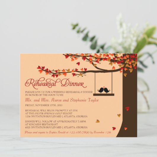 Liebe-Vogel-fallendes Herz-Proben-Abendessen Einladung (Stehend Vorderseite)