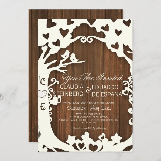 Liebe-Vögel für immer auf Woodpanel Einladung (Vorne/Hinten)