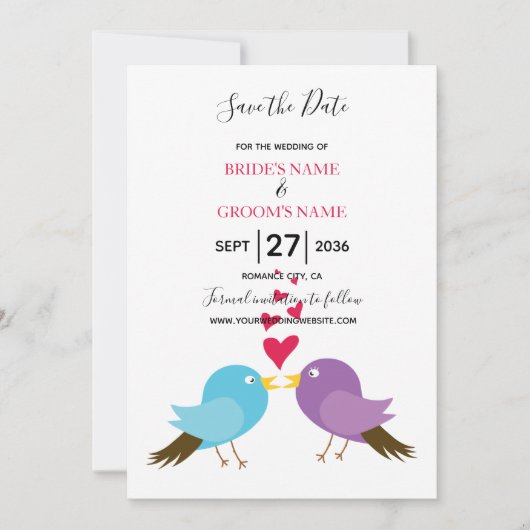Liebe Vögel & Herz Hochzeit retten Datum Save The Date (Vorderseite)