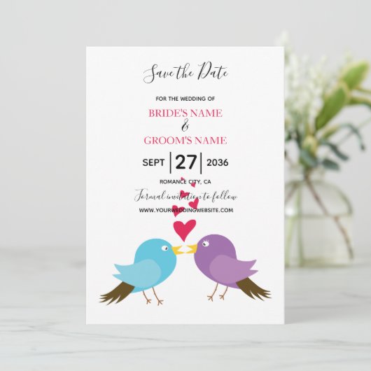 Liebe Vögel & Herz Hochzeit retten Datum Save The Date (Stehend Vorderseite)