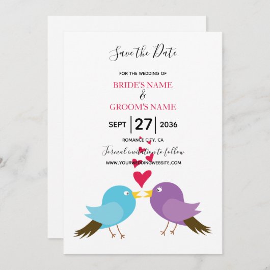 Liebe Vögel & Herz Hochzeit retten Datum Save The Date (Vorne/Hinten)