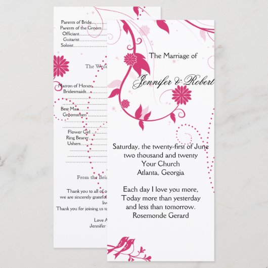 Liebe Vögel in Rosa und Weiß Hochzeitsprogramm Programm (Vorne/Hinten)