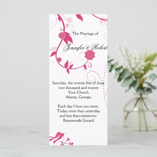 Liebe Vögel in Rosa und Weiß Hochzeitsprogramm Programm (Stehend Vorderseite)