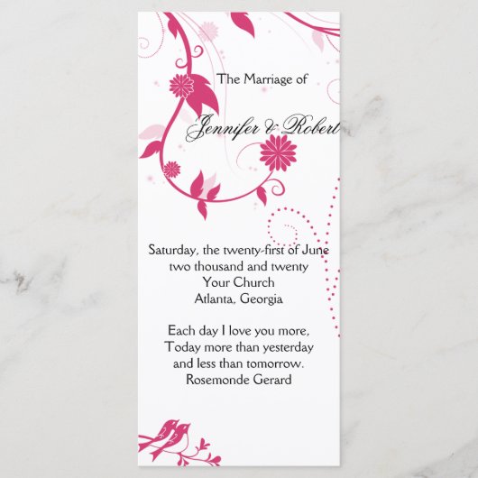 Liebe Vögel in Rosa und Weiß Hochzeitsprogramm Programm (Vorderseite)