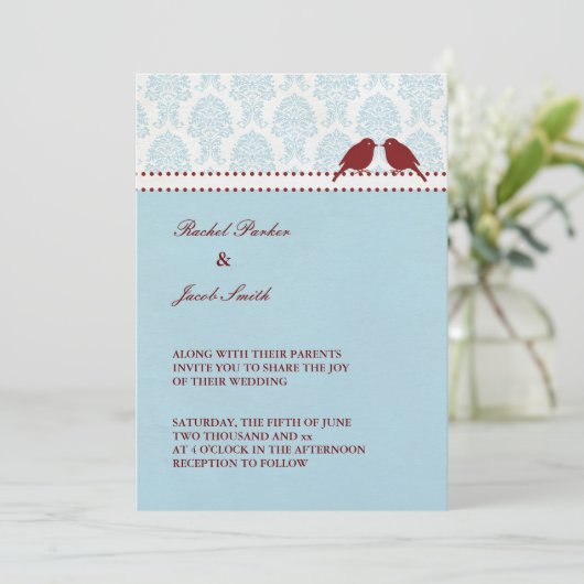 Liebe-Vögel rot u. blaue Einladung (Stehend Vorderseite)