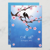 Liebe Vögel und Sakura - Blauer Hintergrund Einladung (Vorne/Hinten)