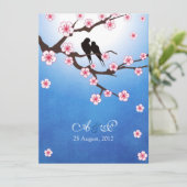 Liebe Vögel und Sakura - Blauer Hintergrund Einladung (Stehend Vorderseite)