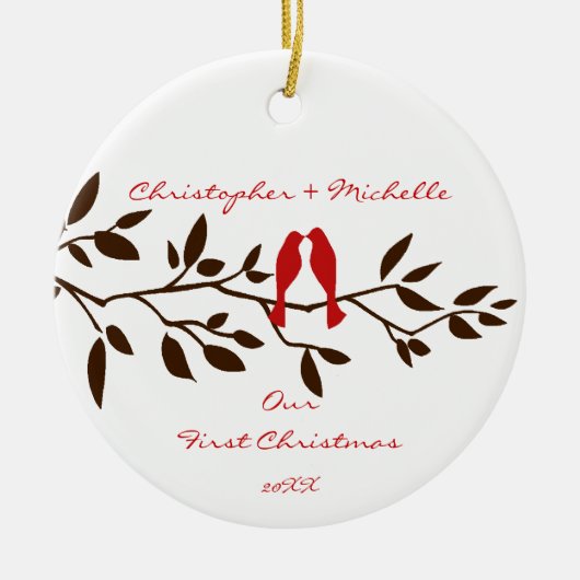 Liebe-Vögel unsere erste Weihnachtsverzierung Keramik Ornament (Vorne)