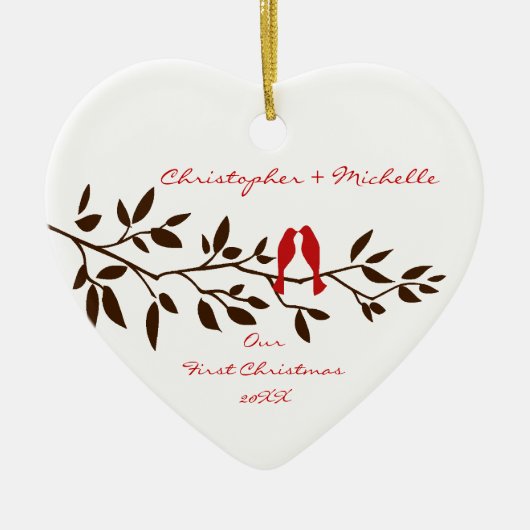 Liebe-Vögel unsere erste Weihnachtsverzierung Keramikornament (Vorne)