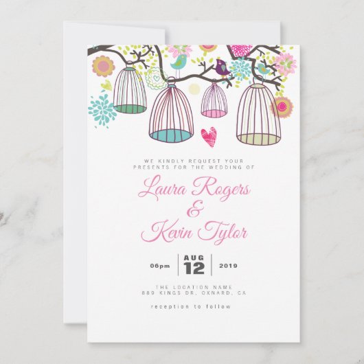 Liebe-Vogelkäfige und Retro-Blume ändern Einladung (Vorderseite)
