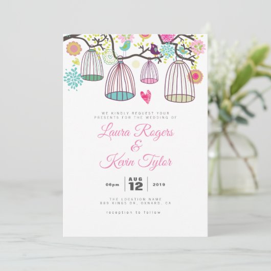 Liebe-Vogelkäfige und Retro-Blume ändern Einladung (Stehend Vorderseite)