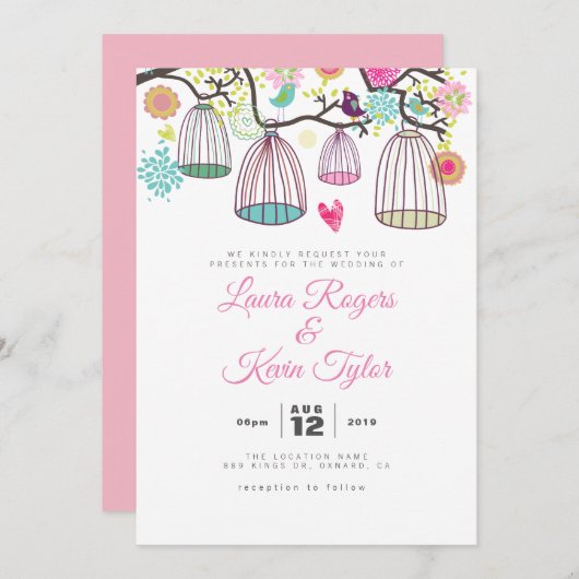 Liebe-Vogelkäfige und Retro-Blume ändern Einladung (Vorne/Hinten)