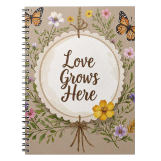 Liebe wächst Boho, Wildblumen, Weizen, Schmetterli Notizblock