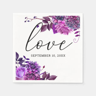 Liebe. Wasserfarbe lila florale Schrift Hochzeit  Serviette