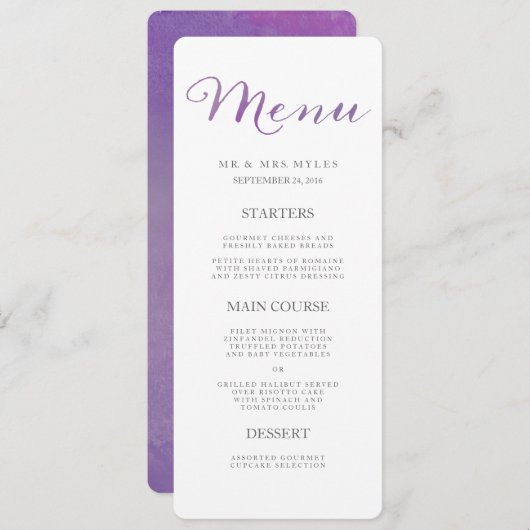 Liebe Wasserfarbenes Hochzeitmenü / Violett Menükarte (Vorne/Hinten)