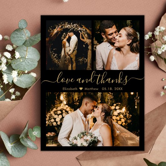 Liebe Wedding Black and Gold und vielen Dank Postkarte