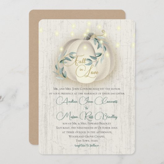 Liebe Weißer Pumpkin & Lichter Rustikale Hochzeit Einladung (Vorne/Hinten)